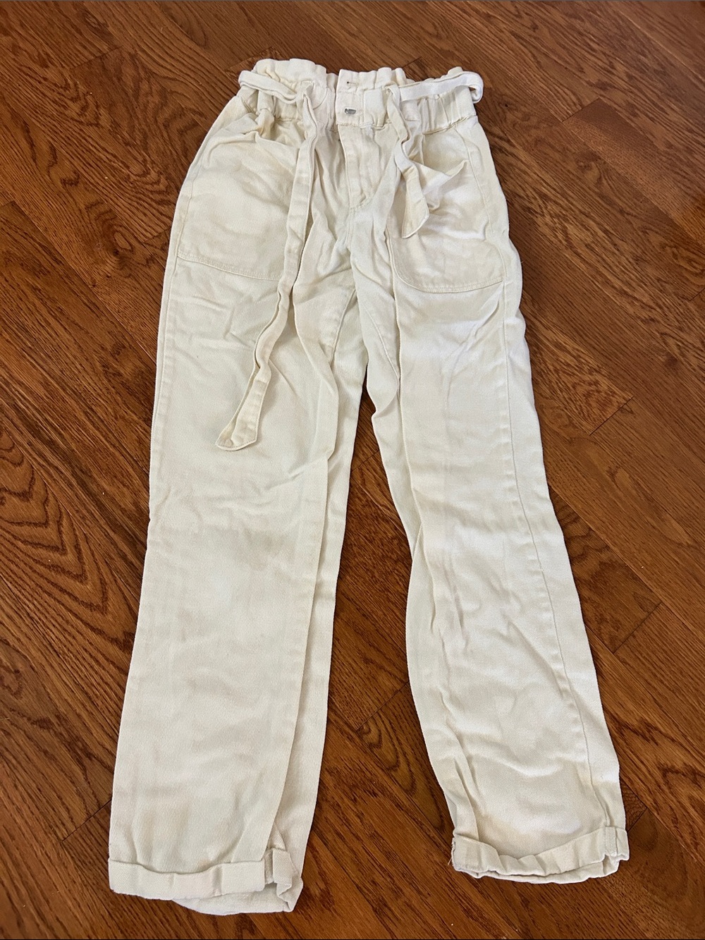 Cream Elastic Waist Casual Pants